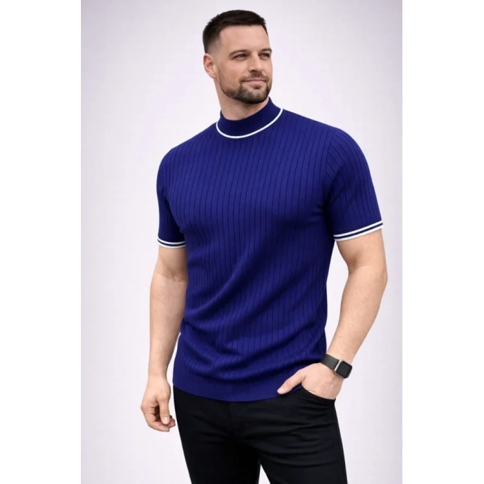 Erkek Fitilli Triko Dokuma Kısa Kol Tişört Yarım Boğaz Modern Yazlık T-Shirt - Lacivert