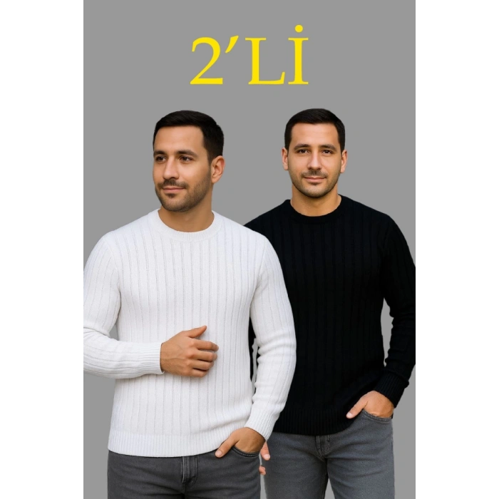 Erkek Fitilli Triko Kazak 2’li Set – Siyah - Beyaz, Kalın Dokuma Pamuklu Regular Fit Bisiklet Yaka Uzun Kollu Rahat Kışlık Kazak Kombini