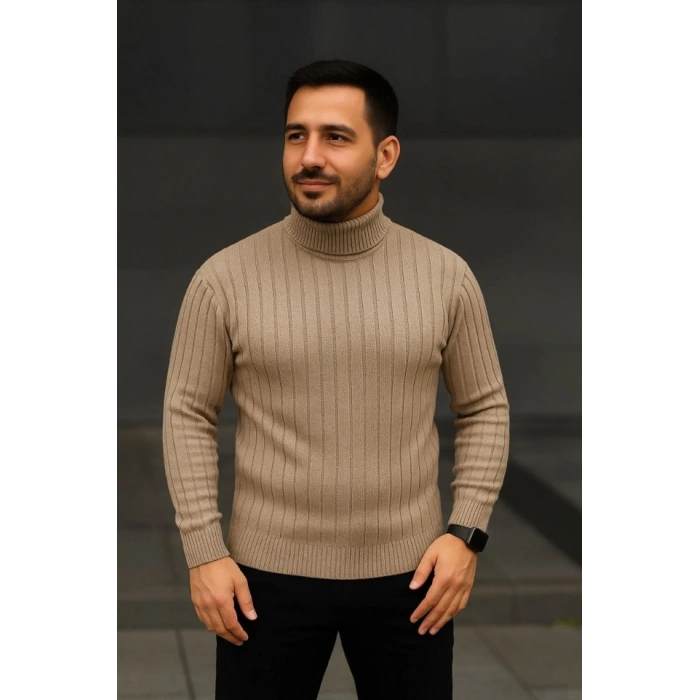 Erkek Fitilli Triko Kazak 3lÜ Set Bej Haki Siyah Regular Balıkcı Yaka Tam Boğazlı Triko Seti Modeli Kazak