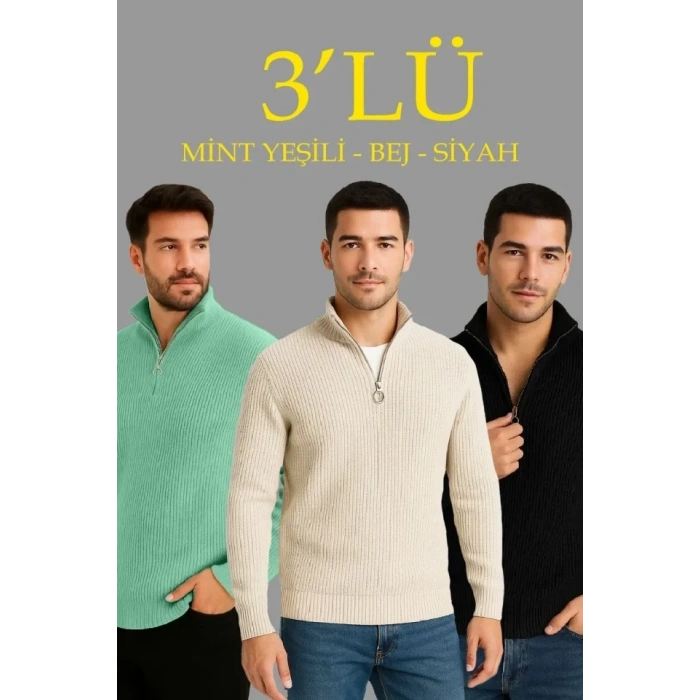Erkek Fitilli Triko Kazak 3’lü Set – Mint Yeşili, Siyah, Bej Kalın Dokuma Pamuklu Regular Fit V Yaka Fermuarlı Uzun Kollu Rahat Kışlık Kazak Kombini
