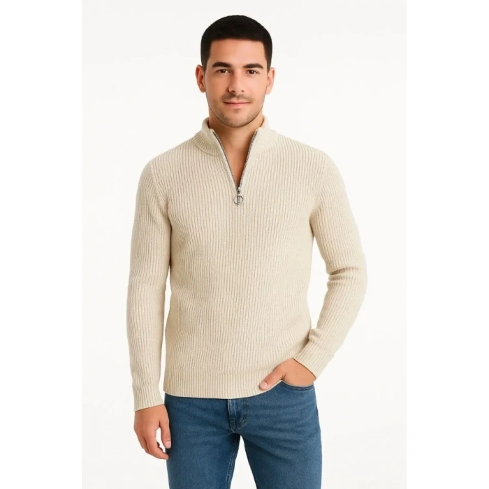 Erkek Fitilli Triko Kazak 3’lü Set – Mint Yeşili, Siyah, Bej Kalın Dokuma Pamuklu Regular Fit V Yaka Fermuarlı Uzun Kollu Rahat Kışlık Kazak Kombini