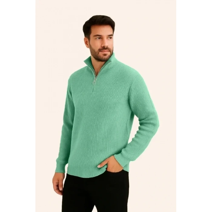 Erkek Fitilli Triko Kazak 3’lü Set – Mint Yeşili, Siyah, Bej Kalın Dokuma Pamuklu Regular Fit V Yaka Fermuarlı Uzun Kollu Rahat Kışlık Kazak Kombini