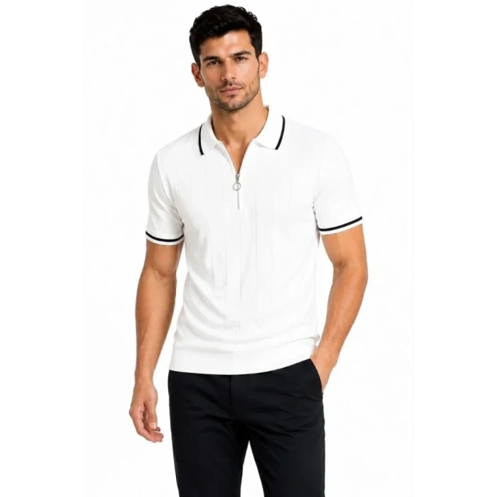 Erkek Fitilli Triko T-shirt Polo Yaka Yarım Fermuarlı Kısa Kollu Tişört - Beyaz