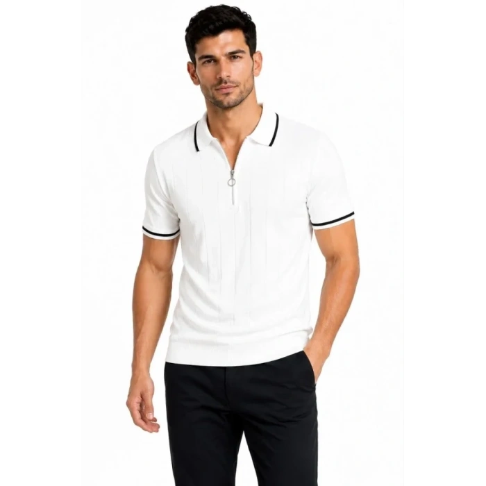 Erkek Fitilli Triko T-shirt Polo Yaka Yarım Fermuarlı Kısa Kollu Tişört - Beyaz