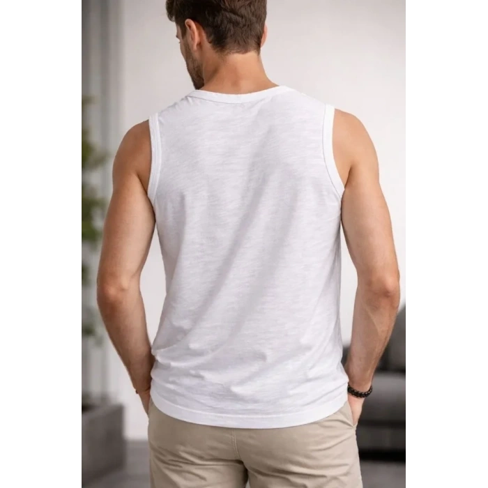 Erkek Flamlı Kumaş Sıfır Kolsuz Atlet Basic Spor Üst, Günlük Ve Fitness Kullanımına Uygun - Beyaz
