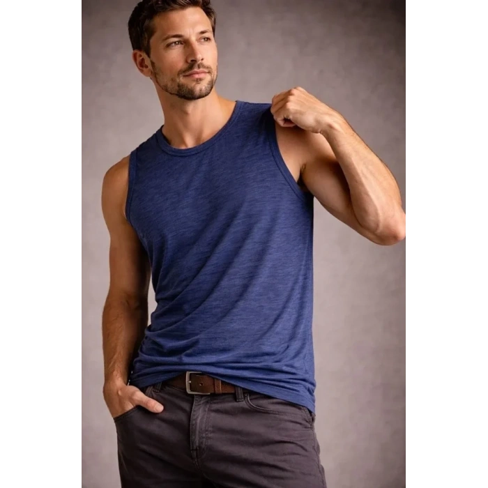 Erkek Flamlı Kumaş Sıfır Kolsuz Atlet Basic Spor Üst, Günlük Ve Fitness Kullanımına Uygun - İndigo