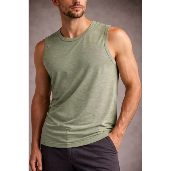 Erkek Flamlı Kumaş Sıfır Kolsuz Atlet Basic Spor Üst, Günlük Ve Fitness Kullanımına Uygun - Mint Yeşili