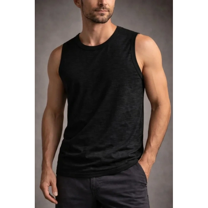 Erkek Flamlı Kumaş Sıfır Kolsuz Atlet Basic Spor Üst, Günlük Ve Fitness Kullanımına Uygun - Siyah