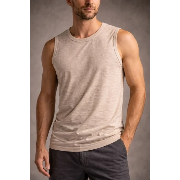 Erkek Flamlı Kumaş Sıfır Kolsuz Atlet Basic Spor Üst, Günlük Ve Fitness Kullanımına Uygun - Taş
