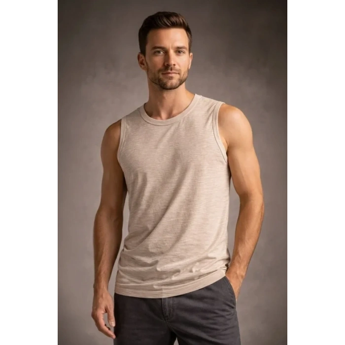 Erkek Flamlı Kumaş Sıfır Kolsuz Atlet Basic Spor Üst, Günlük Ve Fitness Kullanımına Uygun - Taş
