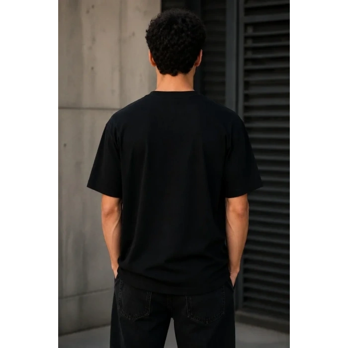 Erkek Gotik Yazı Baskılı Oversize Bisiklet Yaka T-Shirt - Siyah