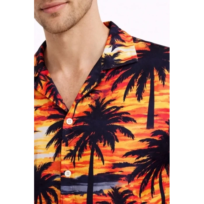 Erkek Gün Batımı Palmiye Desenli Kısa Kol Gömlek Hawaii Tarz Yazlık Rahat Kalıp - Desenli