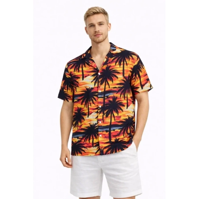 Erkek Gün Batımı Palmiye Desenli Kısa Kol Gömlek Hawaii Tarz Yazlık Rahat Kalıp - Desenli