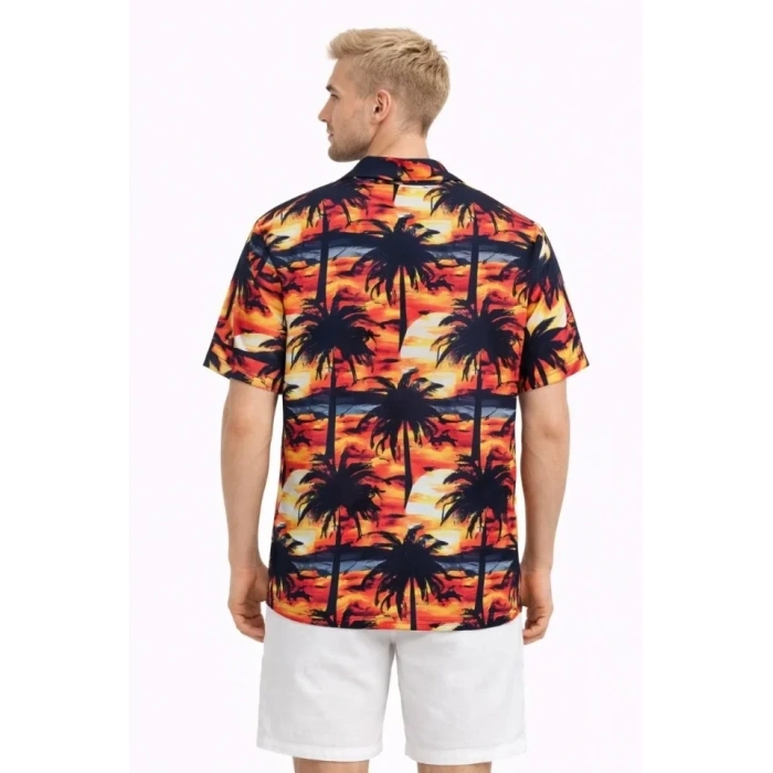 Erkek Gün Batımı Palmiye Desenli Kısa Kol Gömlek Hawaii Tarz Yazlık Rahat Kalıp - Desenli