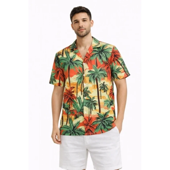 Erkek Hawaii Tarz Tropikal Palmiye Desenli Kısa Kol Gömlek Rahat Kalıp Yazlık - Desenli