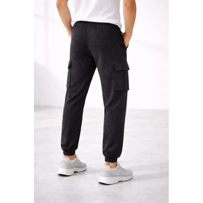 Erkek Jogger Eşofman Altı Regular Fit , Kargo Cepli, Lastikli Paça, Günlük Spor Pantolon - Füme