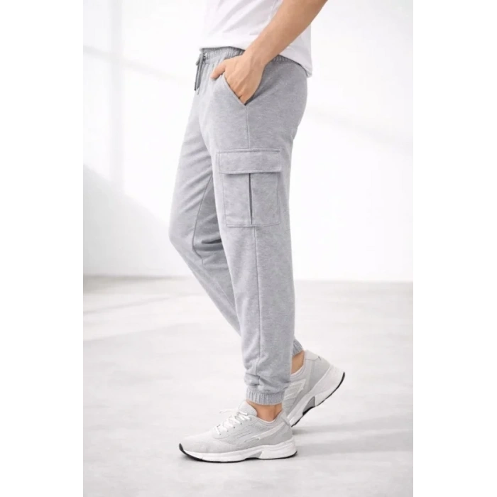 Erkek Jogger Eşofman Altı Regular Fit , Kargo Cepli, Lastikli Paça, Günlük Spor Pantolon - Gri