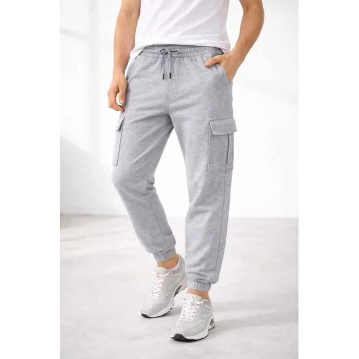 Erkek Jogger Eşofman Altı Regular Fit , Kargo Cepli, Lastikli Paça, Günlük Spor Pantolon - Gri