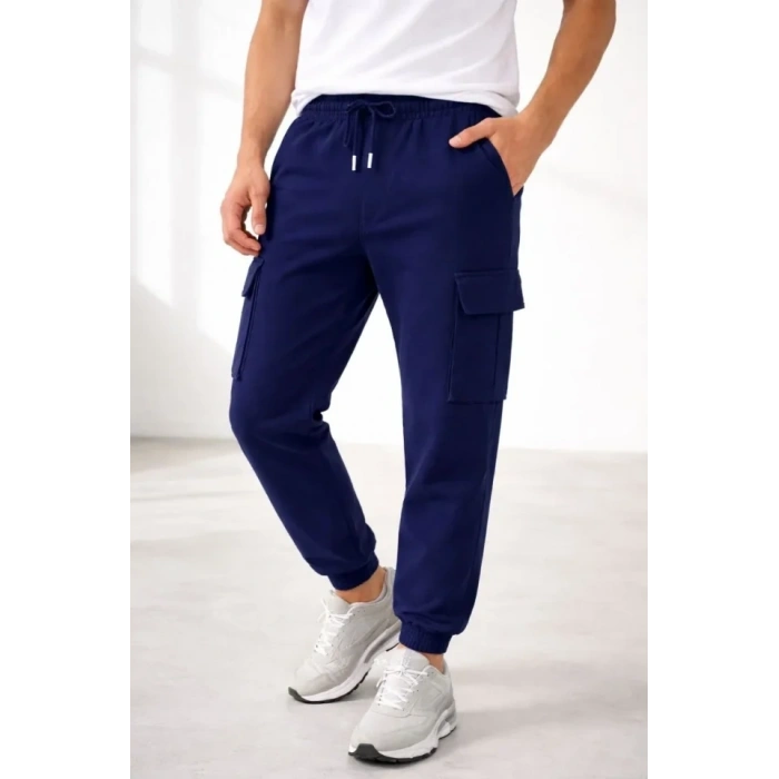 Erkek Jogger Eşofman Altı Regular Fit , Kargo Cepli, Lastikli Paça, Günlük Spor Pantolon - Lacivert