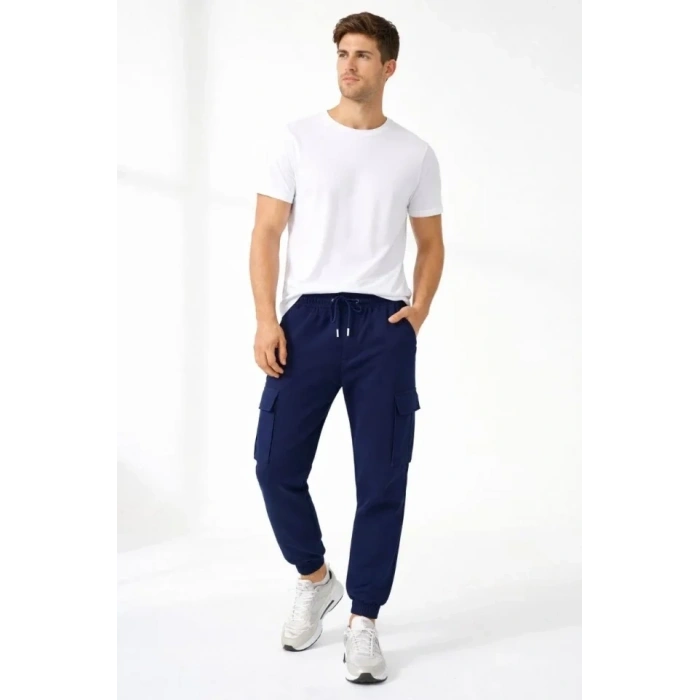Erkek Jogger Eşofman Altı Regular Fit , Kargo Cepli, Lastikli Paça, Günlük Spor Pantolon - Lacivert