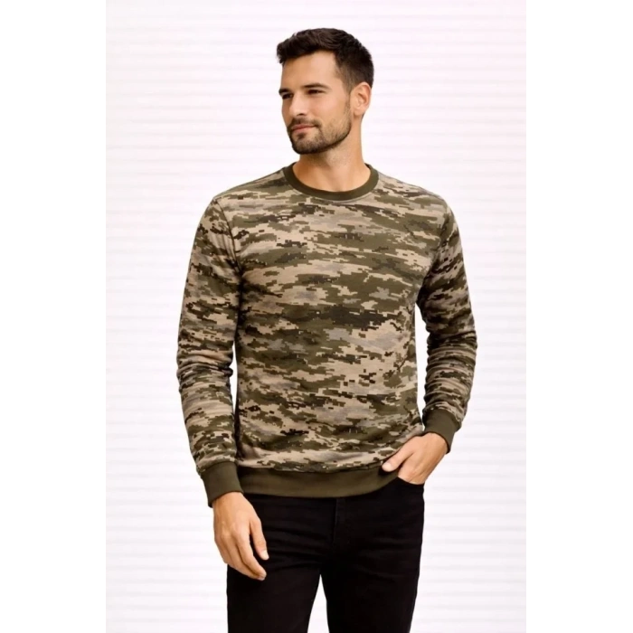 Erkek Kamuflaj Desenli 2 İplik 4 Mevsim Uzun Kollu Bisiklet Yaka Sweatshirt - Kamuflaj