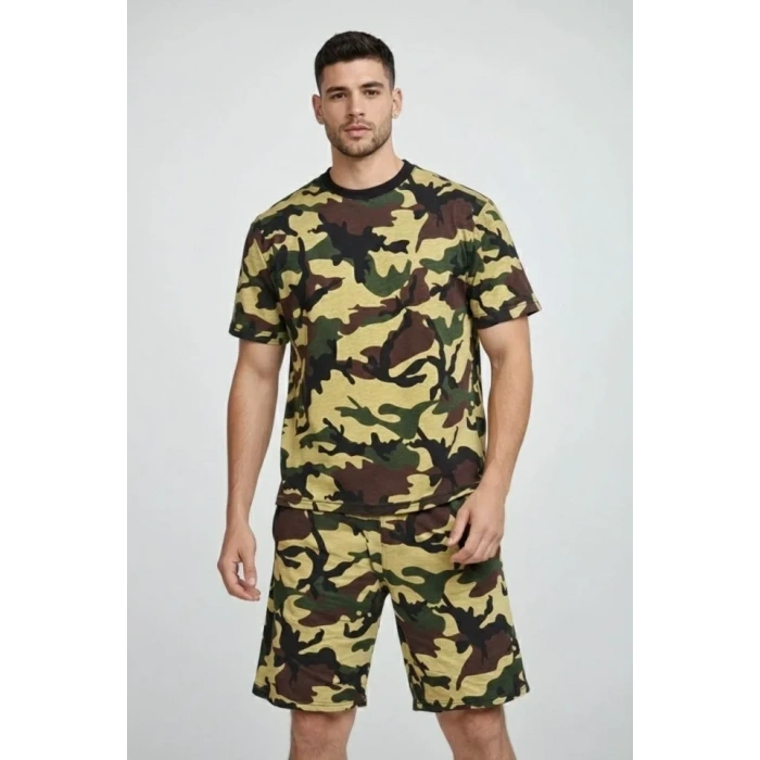 Erkek Kamuflaj Desenli Tişört Şort Takım – Regular Fit Günlük Spor 2’li Yazlık Kombin - Kamuflaj