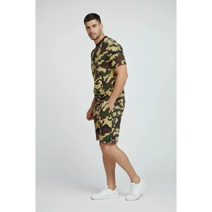 Erkek Kamuflaj Desenli Tişört Şort Takım – Regular Fit Günlük Spor 2’li Yazlık Kombin - Kamuflaj