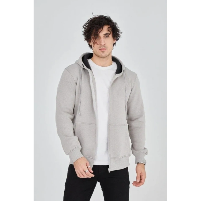 Erkek Kapüşonlu Düz Fermuarlı Hırka - Boyalı Gri