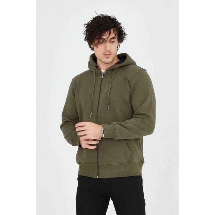 Erkek Kapüşonlu Düz Fermuarlı Hırka - Yeşil