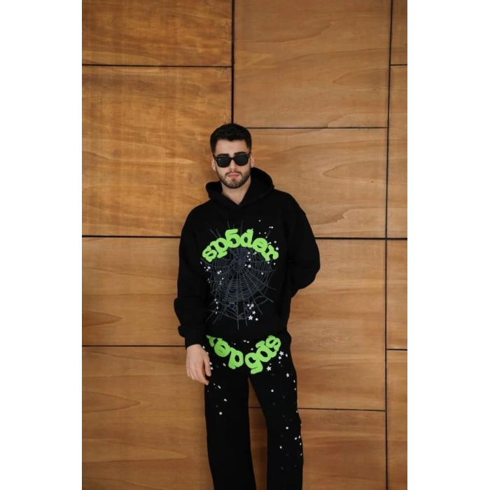 Erkek Kapüşonlu Eşofman Takım Örümcek Ağı Ve Neon Yeşil Baskılı Kanguru Cepli Oversize Rahat Kalıp, Premium Üç İplik Kumaş - Siyah