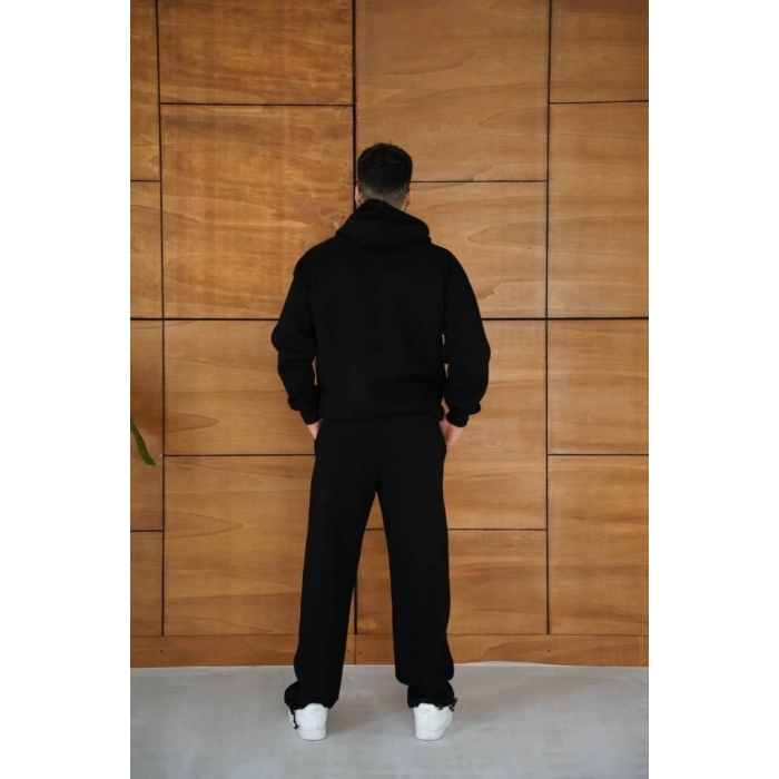 Erkek Kapüşonlu Eşofman Takım Örümcek Ağı Ve Neon Yeşil Baskılı Kanguru Cepli Oversize Rahat Kalıp, Premium Üç İplik Kumaş - Siyah