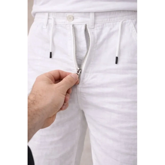 Erkek Keten Cepli Pantolon Lastikli Bel Bağcıklı Önden Fermuarlı - Beyaz