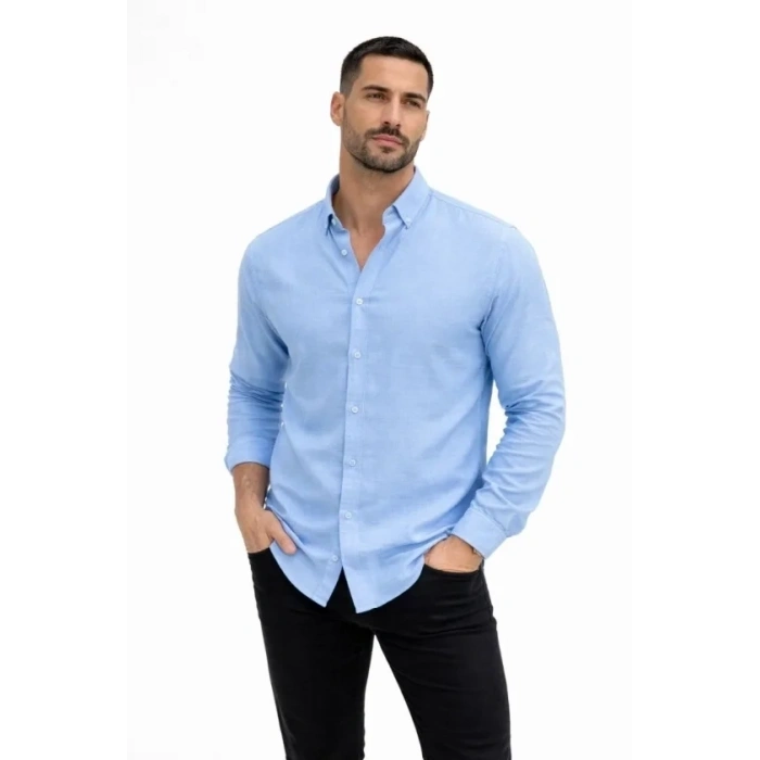 Erkek KETEN Kumaş Oversize Uzun Kollu Rahat Kalıp Gömlek - Açık Mavi