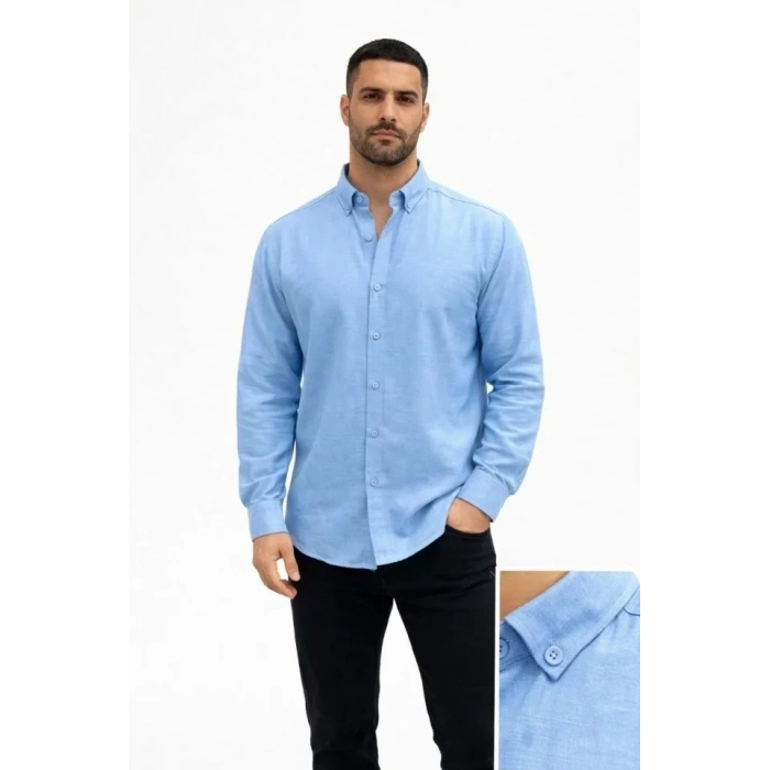 Erkek KETEN Kumaş Oversize Uzun Kollu Rahat Kalıp Gömlek - Açık Mavi