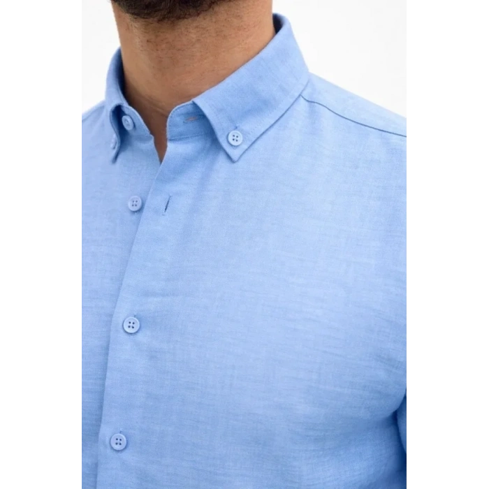 Erkek KETEN Kumaş Oversize Uzun Kollu Rahat Kalıp Gömlek - Açık Mavi