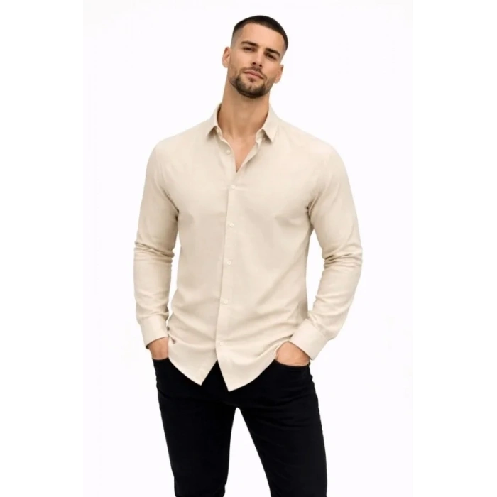 Erkek KETEN Kumaş Oversize Uzun Kollu Rahat Kalıp Gömlek - Bej