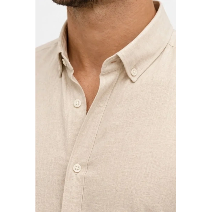 Erkek KETEN Kumaş Oversize Uzun Kollu Rahat Kalıp Gömlek - Bej