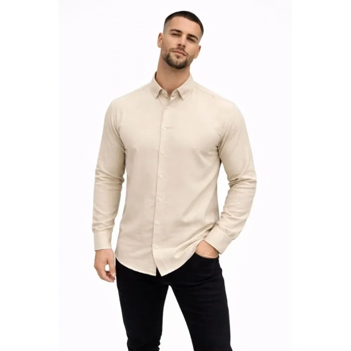 Erkek KETEN Kumaş Oversize Uzun Kollu Rahat Kalıp Gömlek - Bej