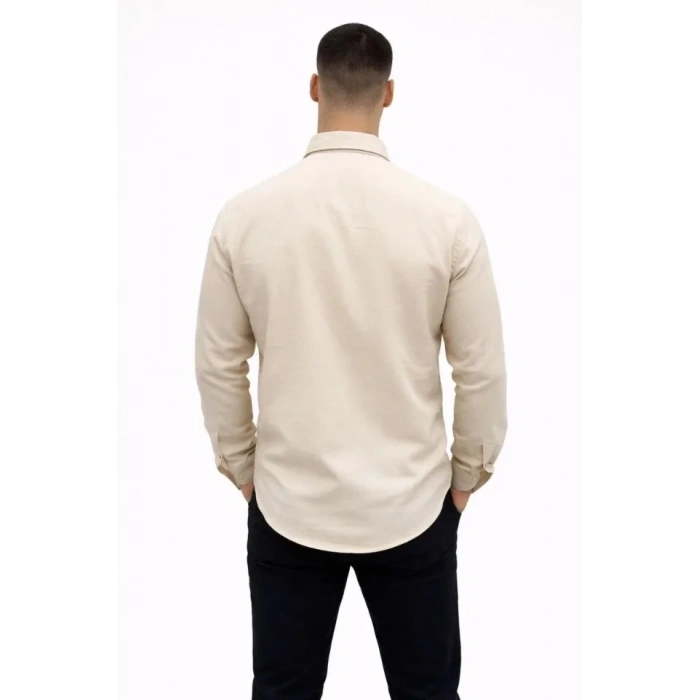 Erkek KETEN Kumaş Oversize Uzun Kollu Rahat Kalıp Gömlek - Bej