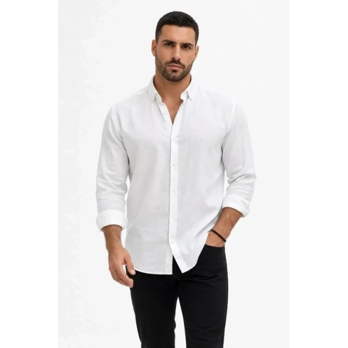 Erkek KETEN Kumaş Oversize Uzun Kollu Rahat Kalıp Gömlek - Beyaz