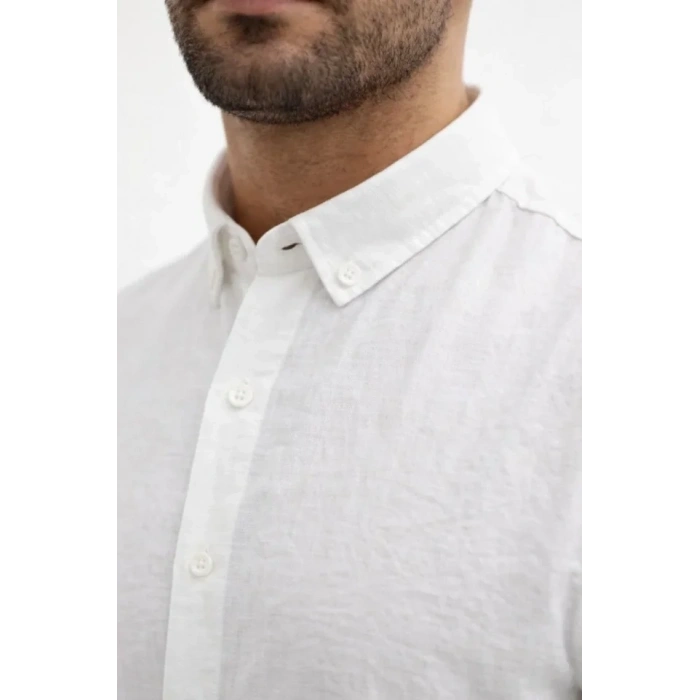 Erkek KETEN Kumaş Oversize Uzun Kollu Rahat Kalıp Gömlek - Beyaz