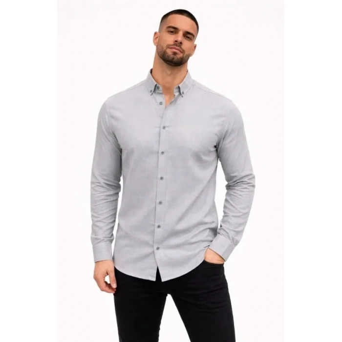 Erkek KETEN Kumaş Oversize Uzun Kollu Rahat Kalıp Gömlek - Boyalı Gri