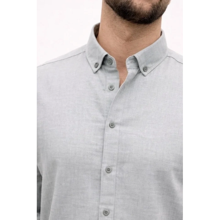 Erkek KETEN Kumaş Oversize Uzun Kollu Rahat Kalıp Gömlek - Boyalı Gri