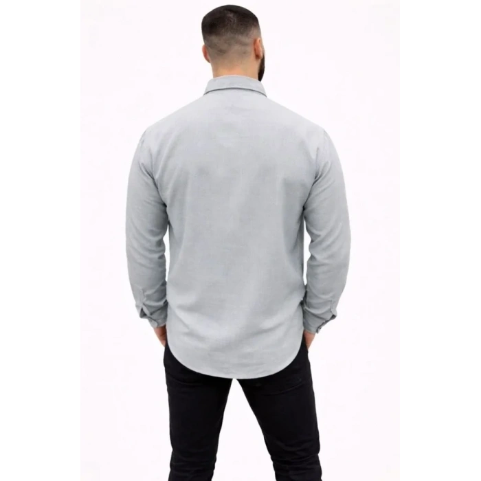 Erkek KETEN Kumaş Oversize Uzun Kollu Rahat Kalıp Gömlek - Boyalı Gri