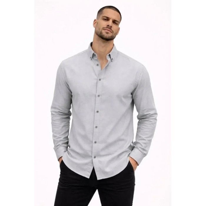 Erkek KETEN Kumaş Oversize Uzun Kollu Rahat Kalıp Gömlek - Boyalı Gri