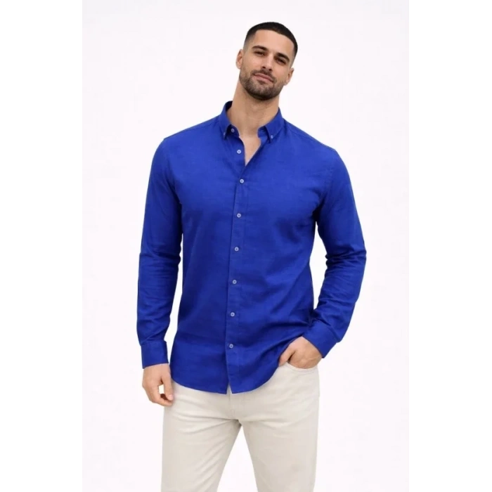 Erkek KETEN Kumaş Oversize Uzun Kollu Rahat Kalıp Gömlek - Saks Mavisi