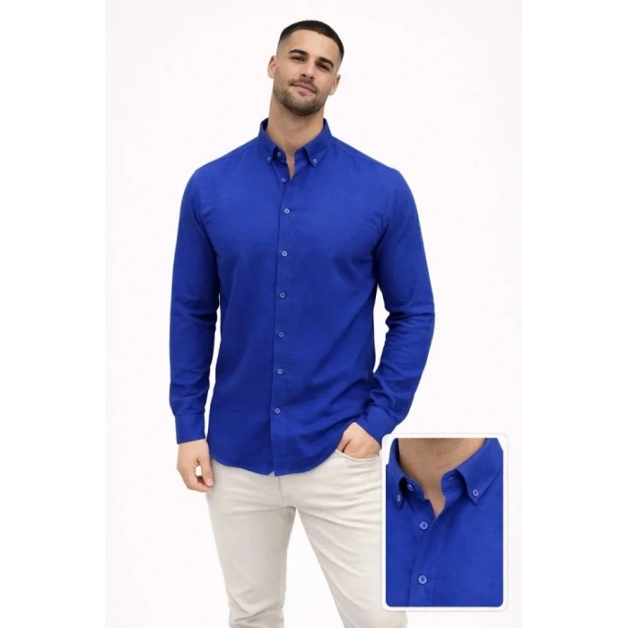 Erkek KETEN Kumaş Oversize Uzun Kollu Rahat Kalıp Gömlek - Saks Mavisi