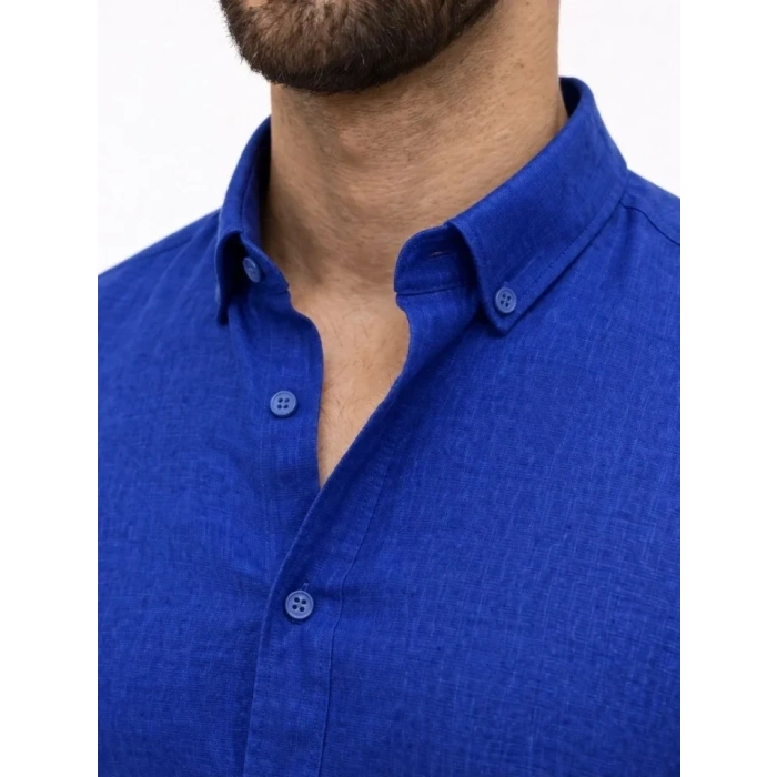 Erkek KETEN Kumaş Oversize Uzun Kollu Rahat Kalıp Gömlek - Saks Mavisi