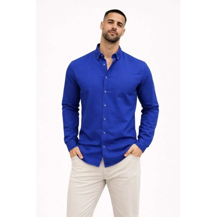 Erkek KETEN Kumaş Oversize Uzun Kollu Rahat Kalıp Gömlek - Saks Mavisi
