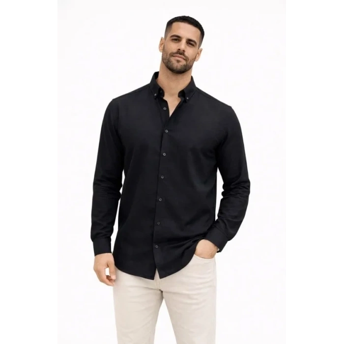 Erkek KETEN Kumaş Oversize Uzun Kollu Rahat Kalıp Gömlek - Siyah